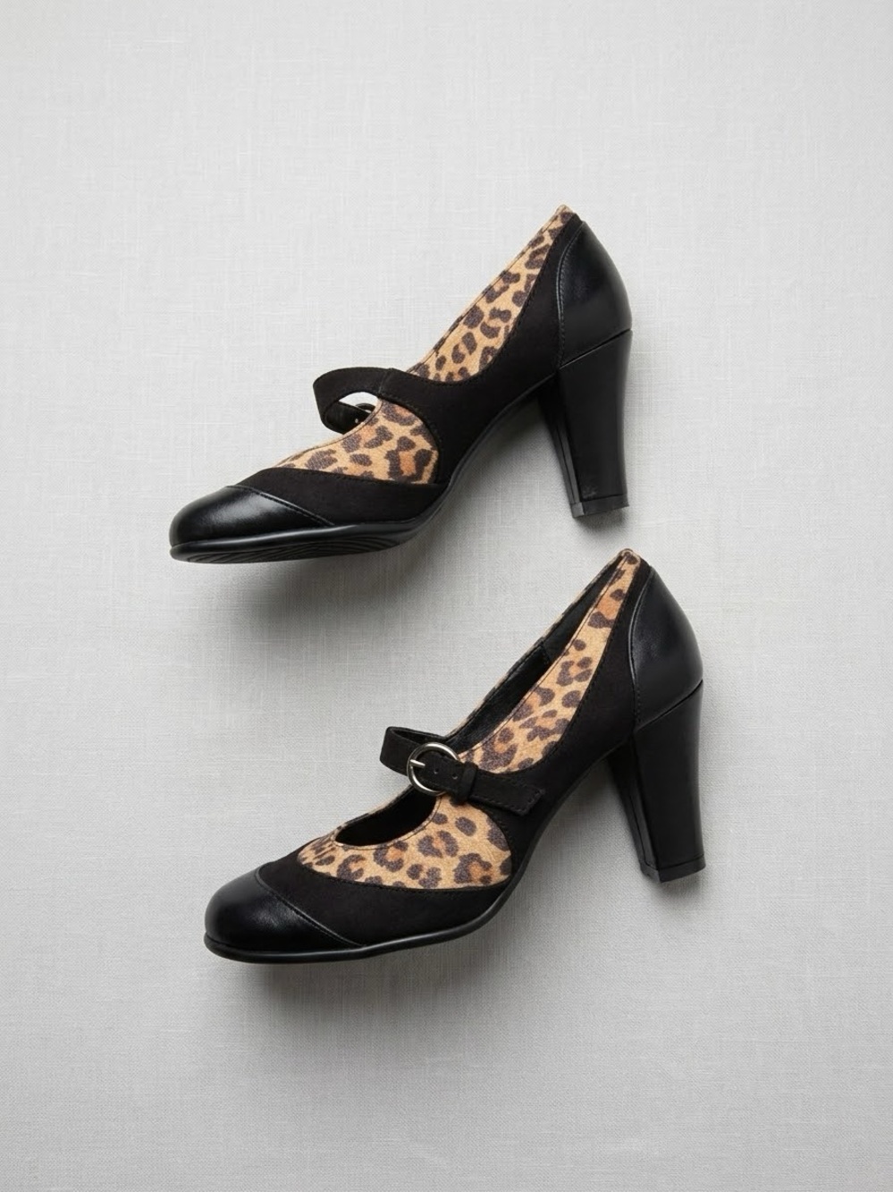 AEROSOLES Black and Leopard Print Mary Jane Heels